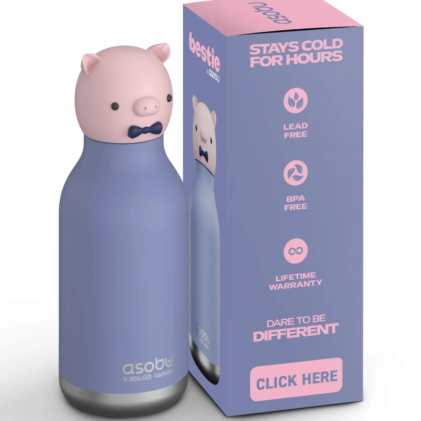 Butelka termiczna ze słomką Bestie, 460 ml - Świnka