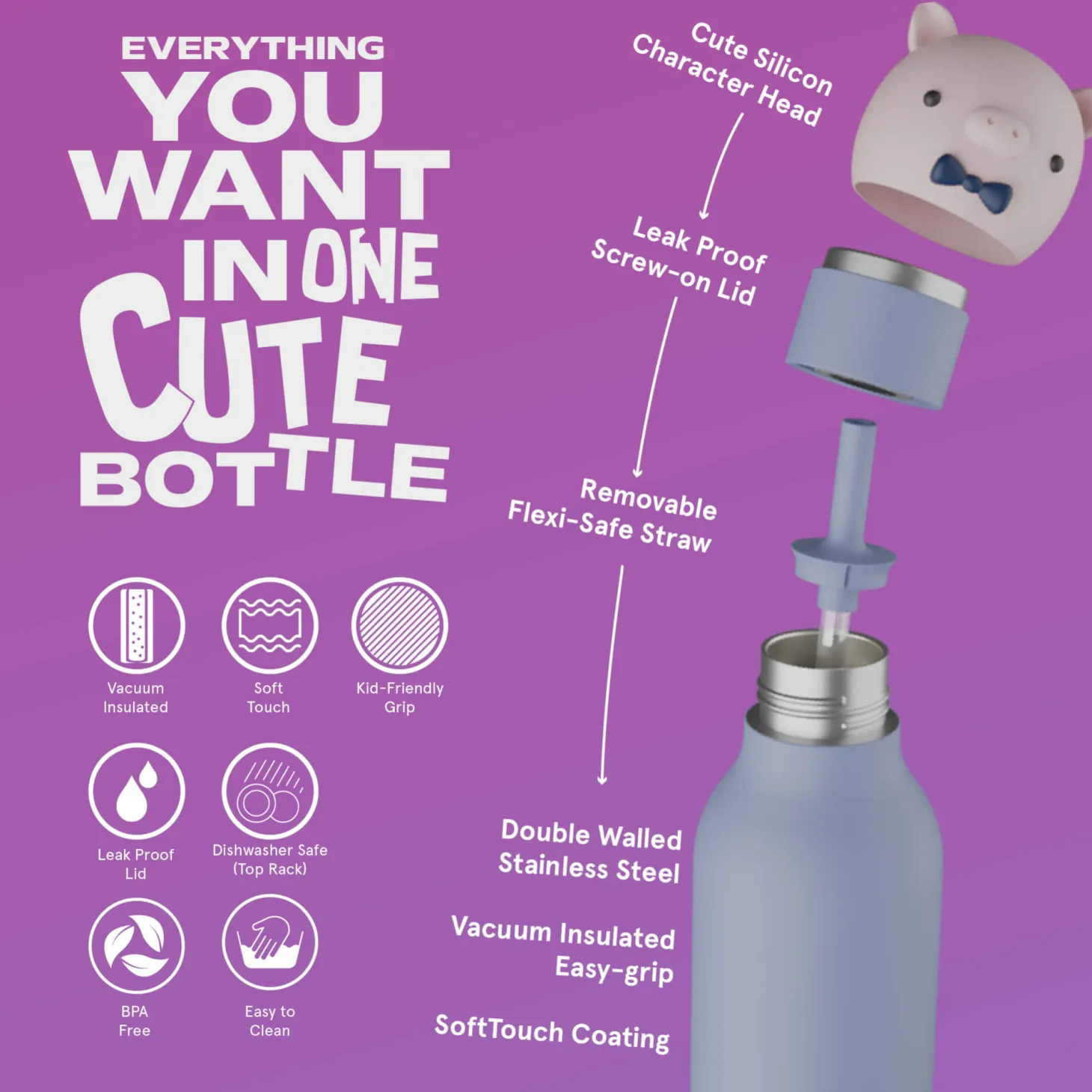 Butelka termiczna ze słomką Bestie, 460 ml - Świnka