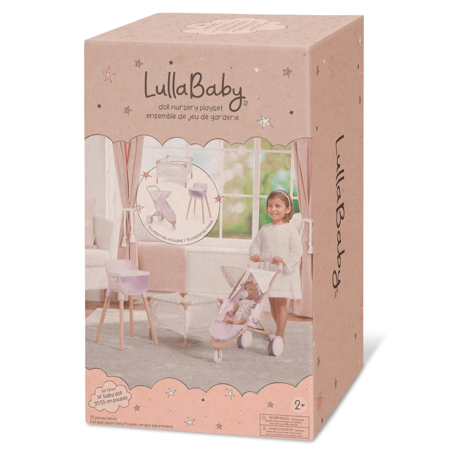 2 Lata +|Akcesoria Dla Lalek | LullaBaby Combo dla lalki niemowlaka – krzesełko do karmienia, kojec i spacerówka, wersja fioletowa