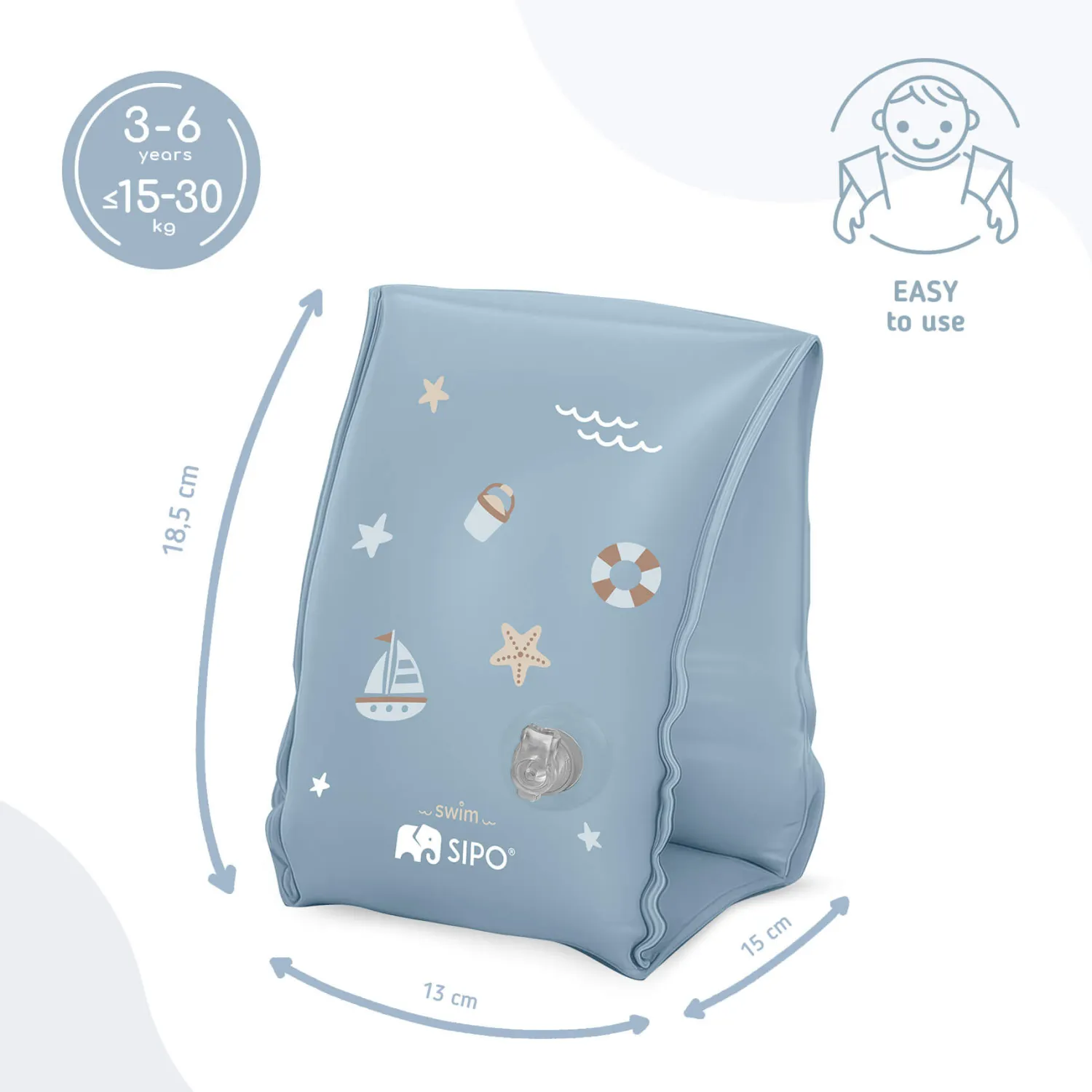 6 Lat+|3 Lata + | SIPO Dmuchane rękawki do pływania dla dzieci 3-6 lat (15-30 kg) - niebieskie