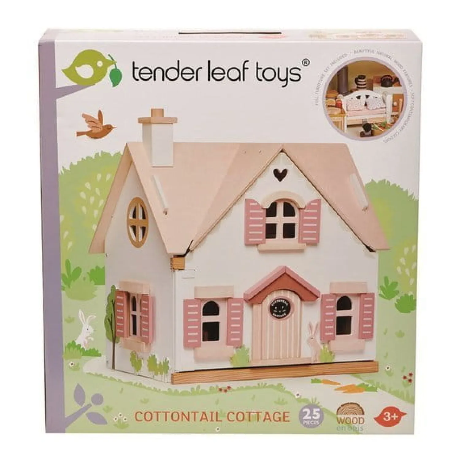 3 Lata +|4 Lata + | Tender Leaf Toys Drewniany dwupiętrowy domek dla lalek z wyposażeniem