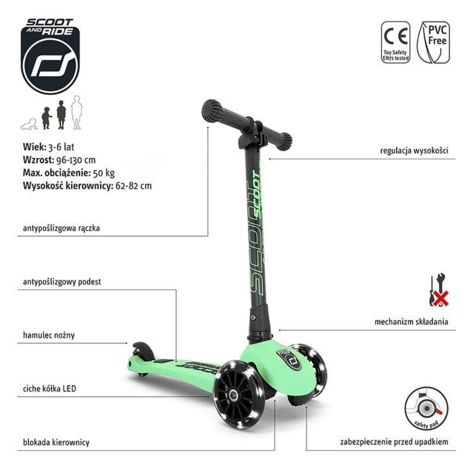 6 Lat+|3 Lata + | Scootandride Highwaykick 3 LED Hulajnoga składana ze świecącymi kółkami 3+ Kiwi