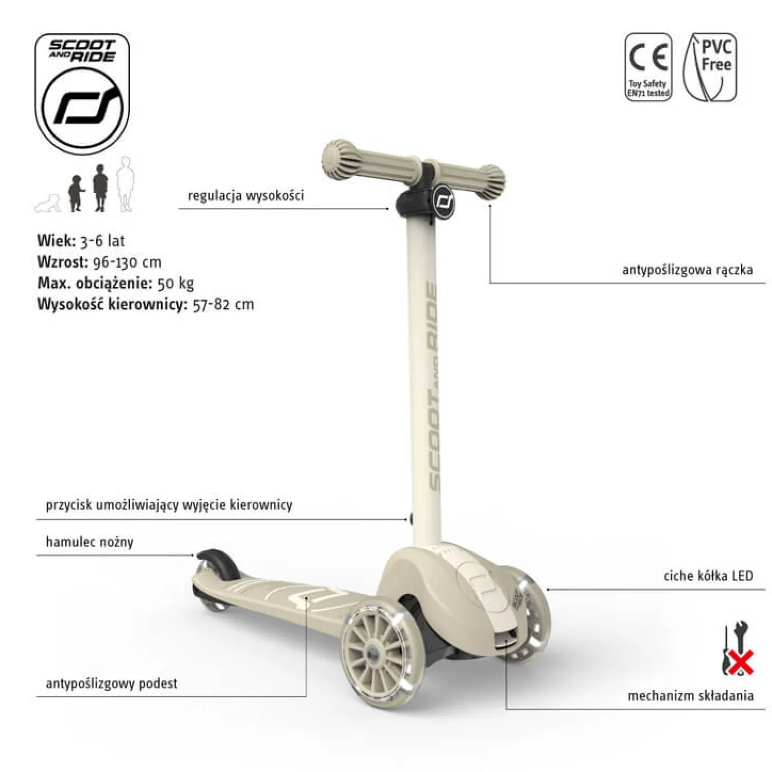 6 Lat+|3 Lata + | Scootandride Highwaykick 3S Hulajnoga z systemem sterowania 2w1 i kółkami LED składana 3+ Ash