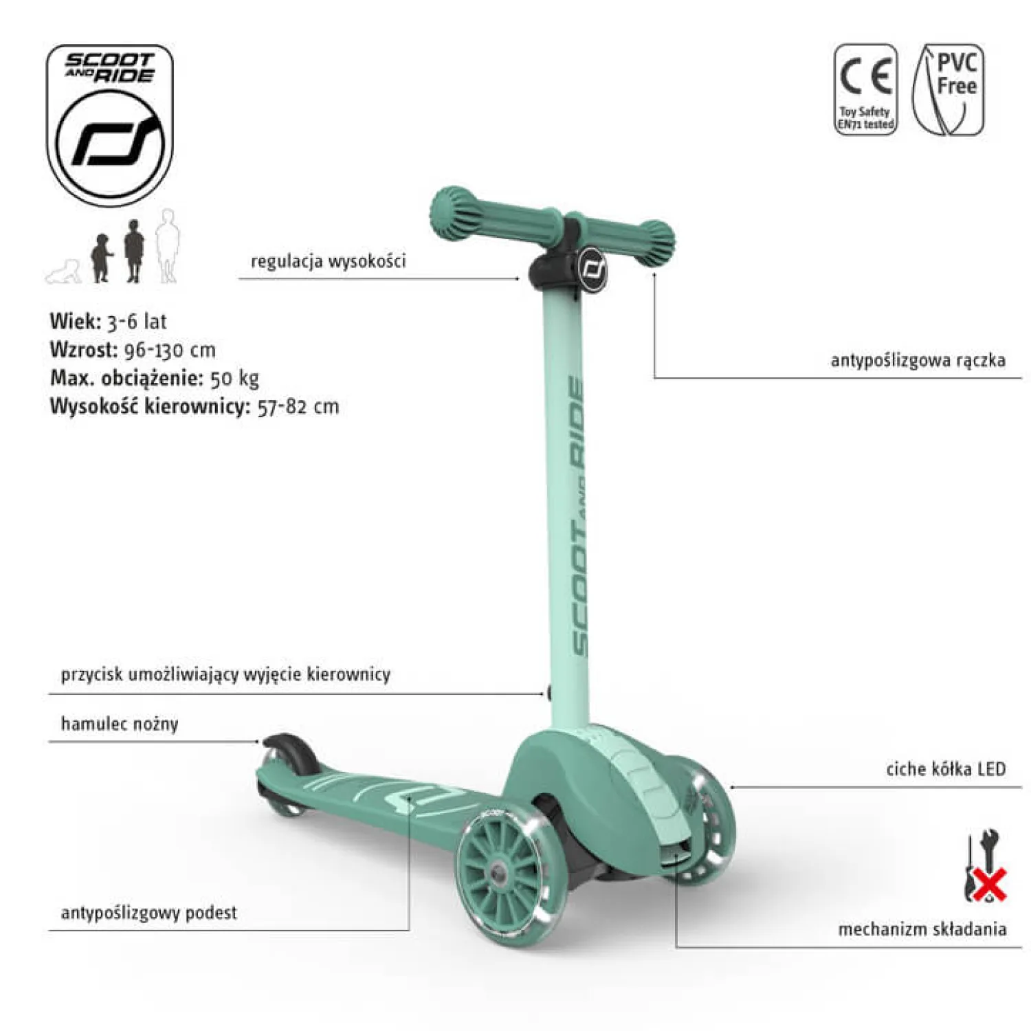 6 Lat+|3 Lata + | Scootandride Highwaykick 3S Hulajnoga z systemem sterowania 2w1 i kółkami LED składana 3+ Forest