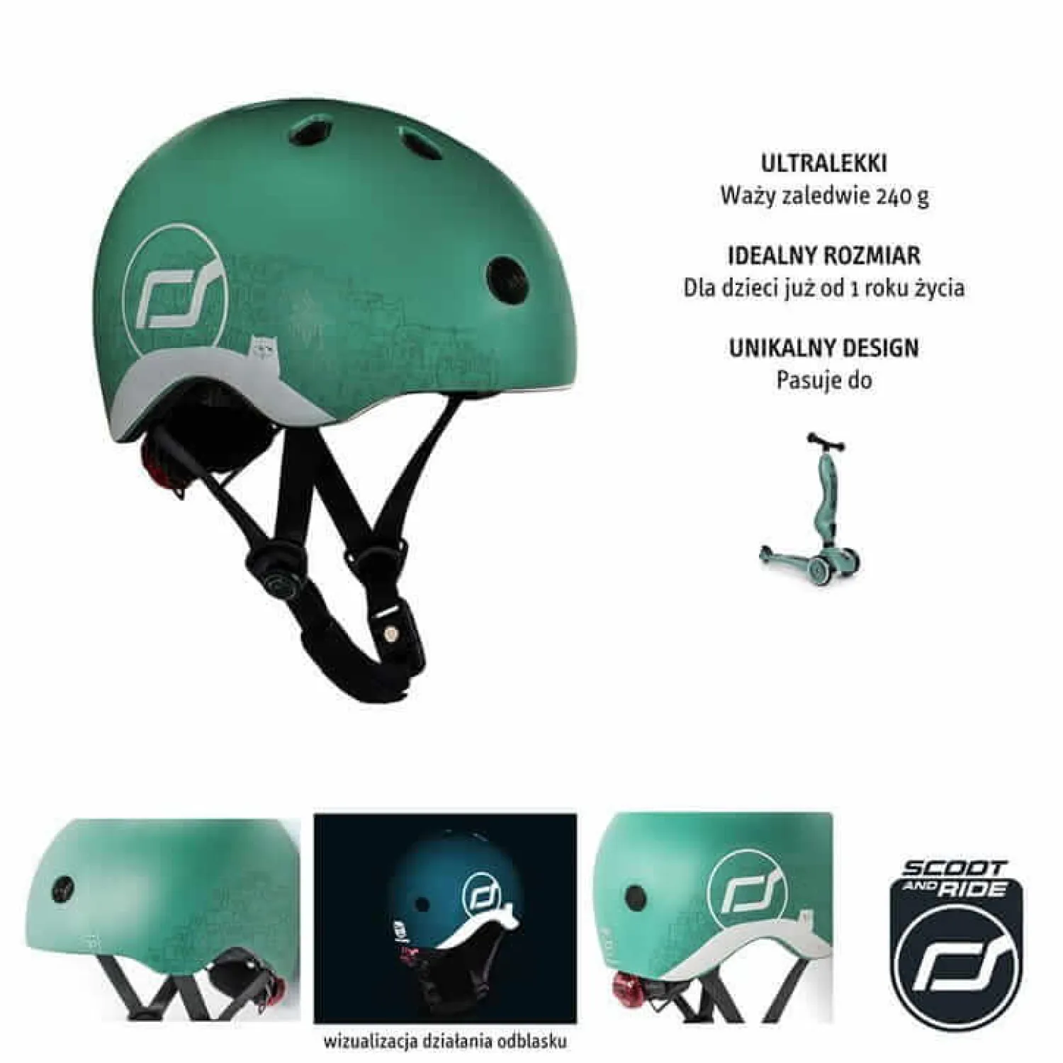 Kaski Dla Dzieci|Przydatne Akcesoria | Scootandride II GATUNEK: Kask z odblaskami XXS-S dla dzieci 1rż+ Forest Owl