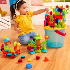 2 Lata +|Klocki | B.Toys Jungle Adventure Bucket - klocki jeżyki w wiadrze - zestaw DŻUNGLA, 128 elementów