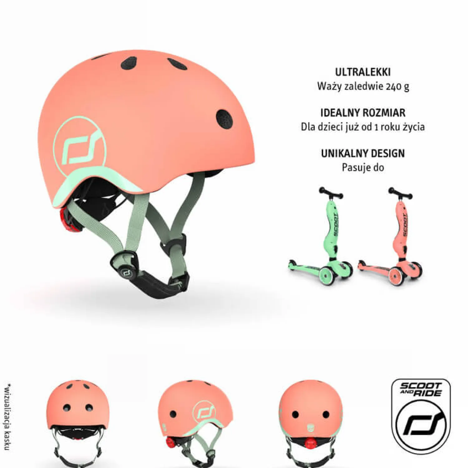 Kaski Dla Dzieci|Przydatne Akcesoria | Scootandride Kask XXS-S dla dzieci 1rż+ Peach