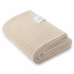 Kocyk ze 100% wełny merino warm beige w prążek - premium collection