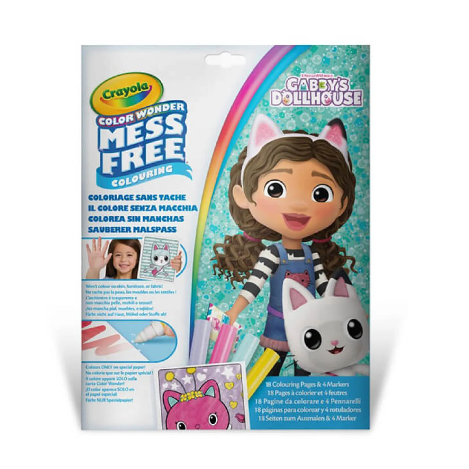 Kolorowanki | Crayola Kolorowanka dla dzieci i 4 niebrudzące magiczne flamastry Color Wonder Mess Free Koci Domek Gabi 3+