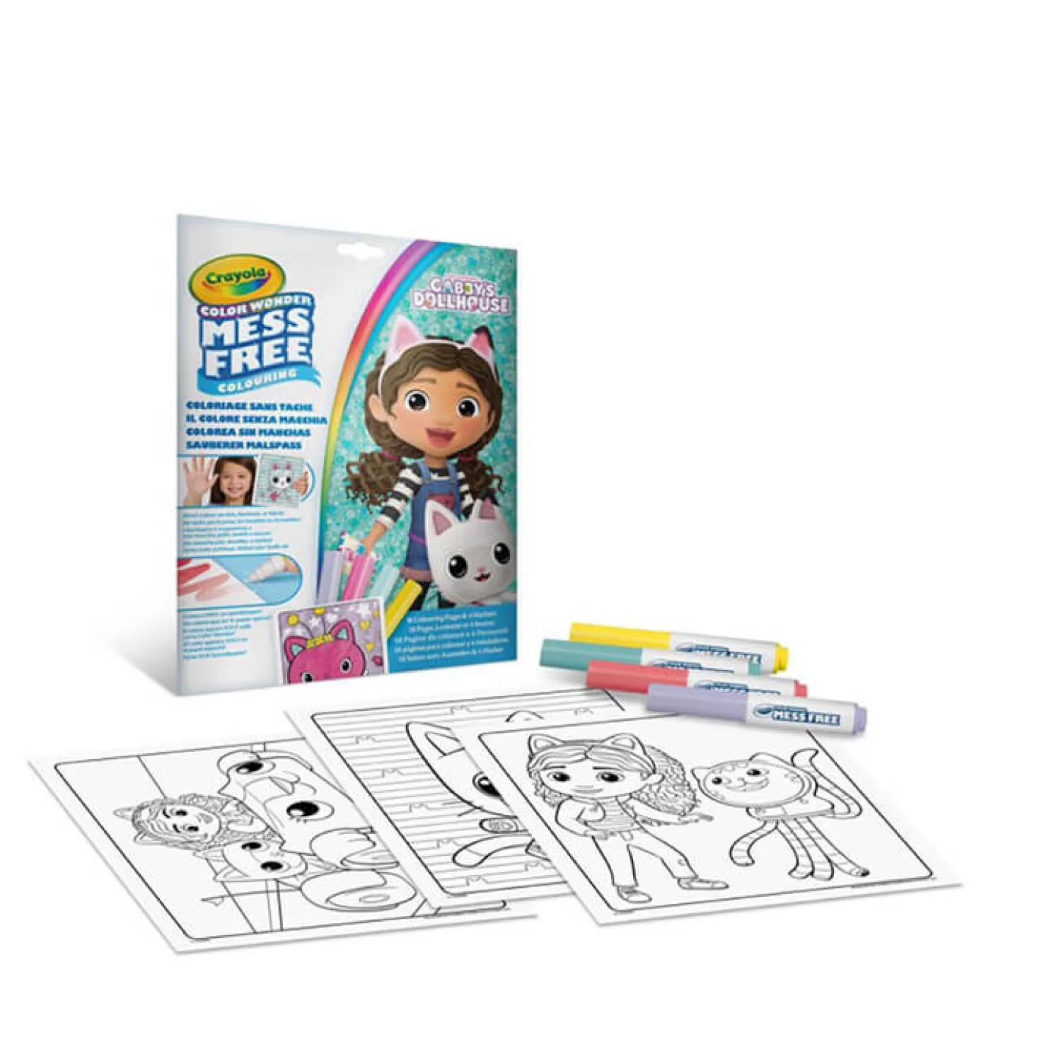 Kolorowanki | Crayola Kolorowanka dla dzieci i 4 niebrudzące magiczne flamastry Color Wonder Mess Free Koci Domek Gabi 3+