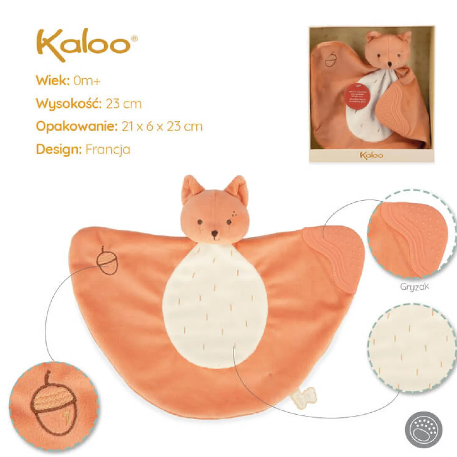 Kocyki Doudou|Kocyki Doudou | Kaloo Komforter z silikonowym gryzakiem 23 cm Wiewiórka Grignoti