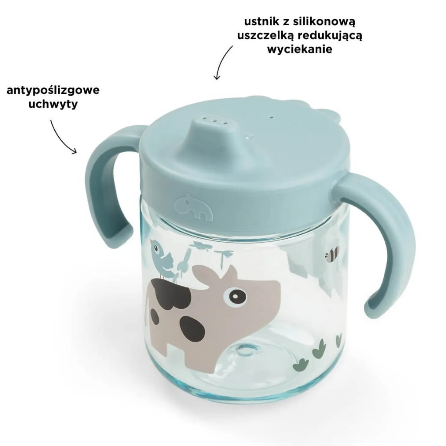 Kubek niekapek z uchwytami Tiny Farm Blue, 260ml