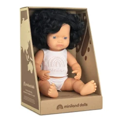 Lalka dziewczynka Europejka czarne kręcone włosy 38cm Miniland Doll