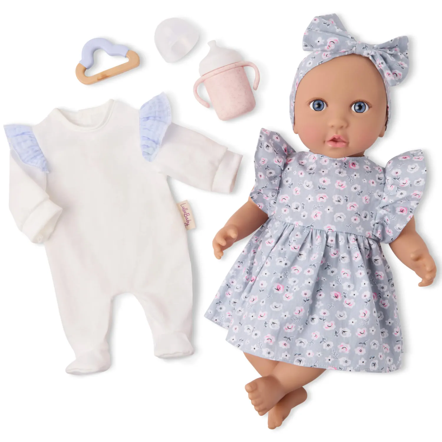 6 Lat+|3 Lata + | LullaBaby Lalka niemowlę w sukience i opasce, z dodatkowymi śpioszkami i kubkiem niekapkiem