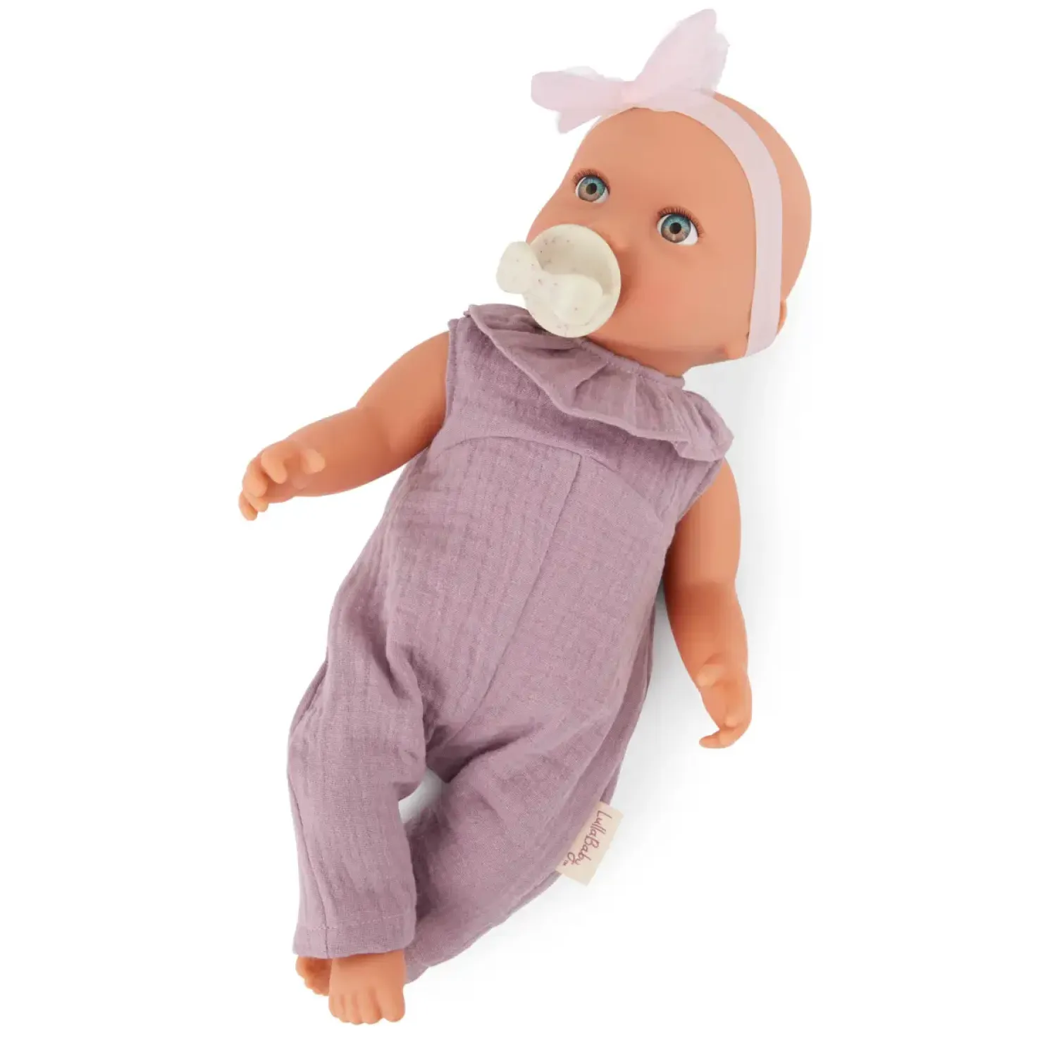 6 Lat+|3 Lata + | LullaBaby Lalka niemowlę ze smoczkiem, w muślinowym ubranku i opasce, dwubarwne tęczówki