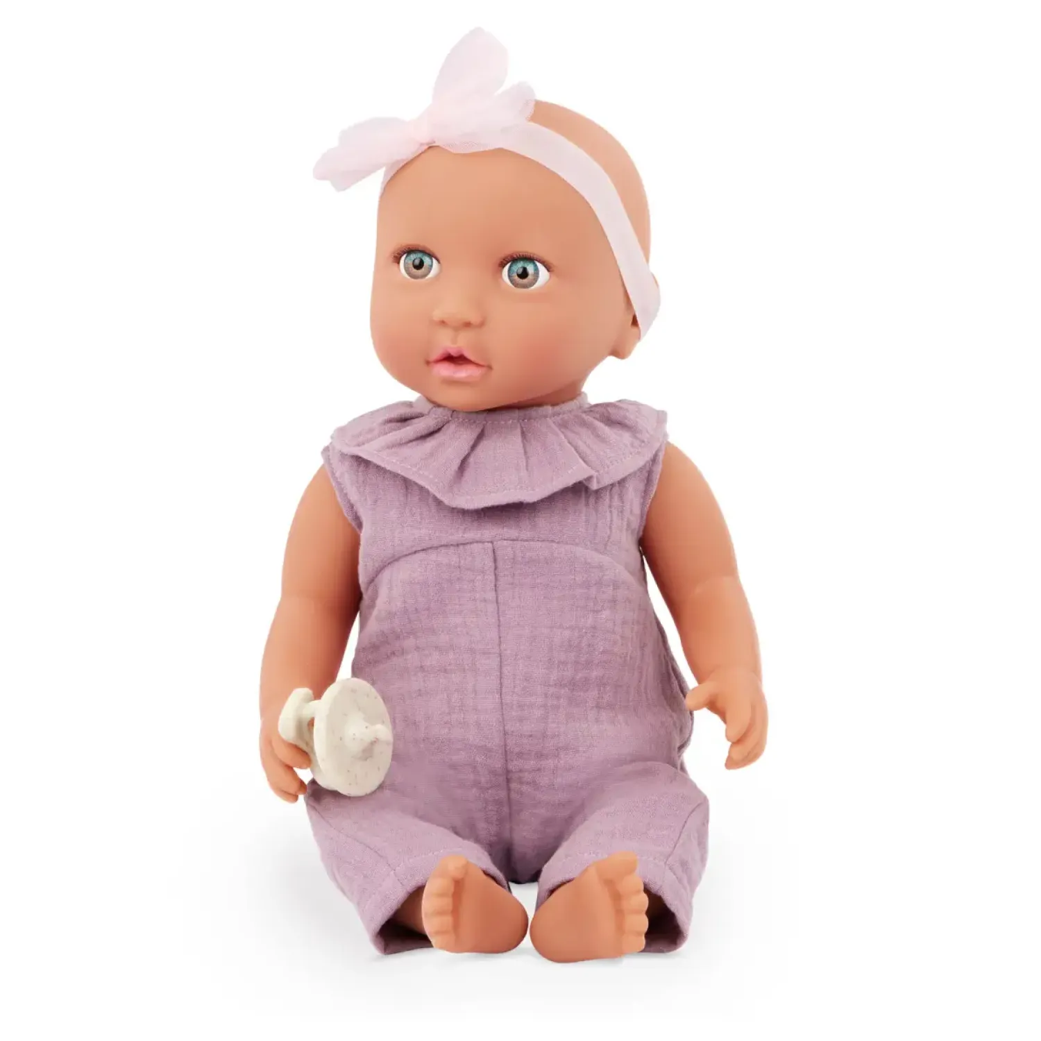 6 Lat+|3 Lata + | LullaBaby Lalka niemowlę ze smoczkiem, w muślinowym ubranku i opasce, dwubarwne tęczówki