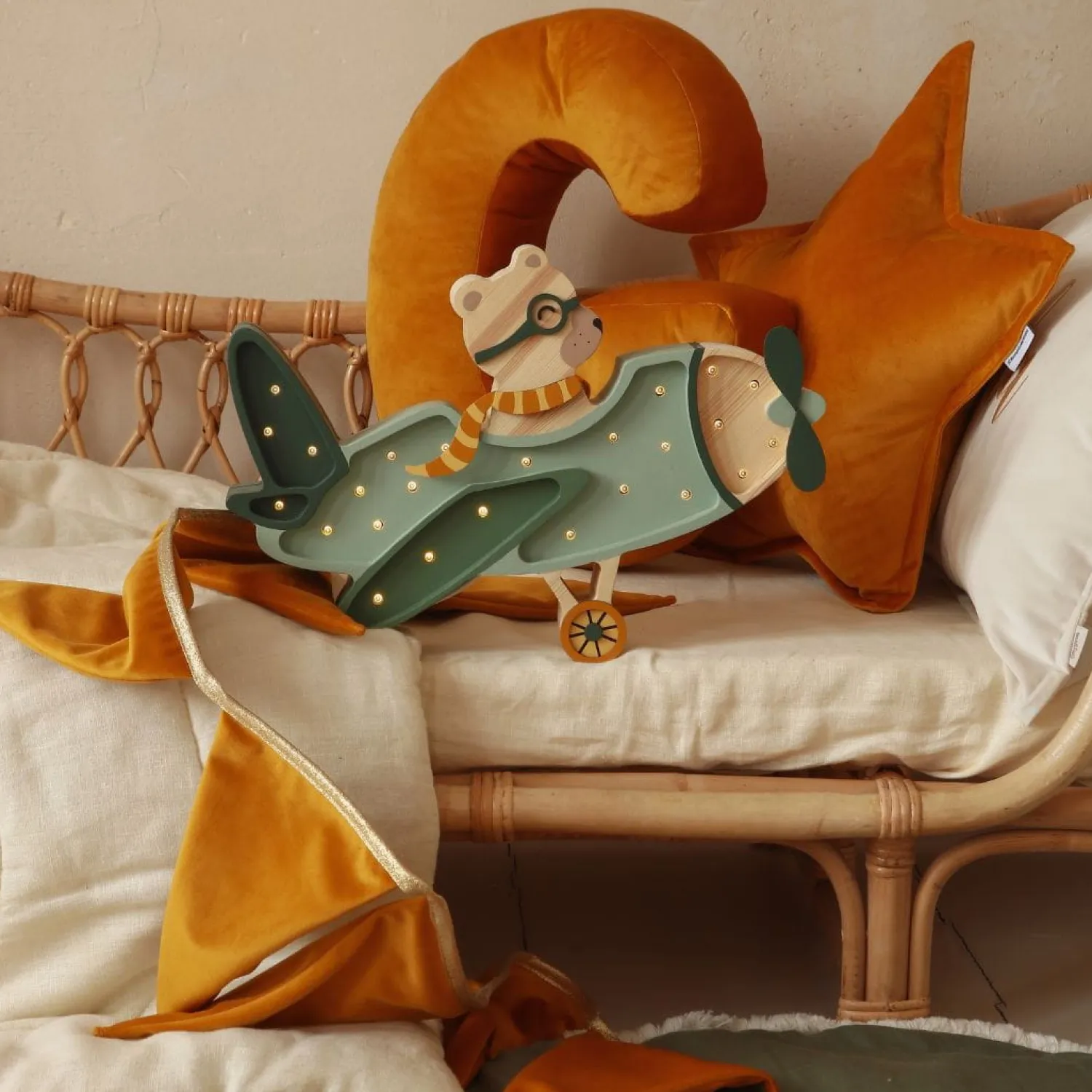 Dekoracje Dziecięce|Lampki Nocne | Little Lights Lampa Samolot Vintage - Pastel Khaki Bear