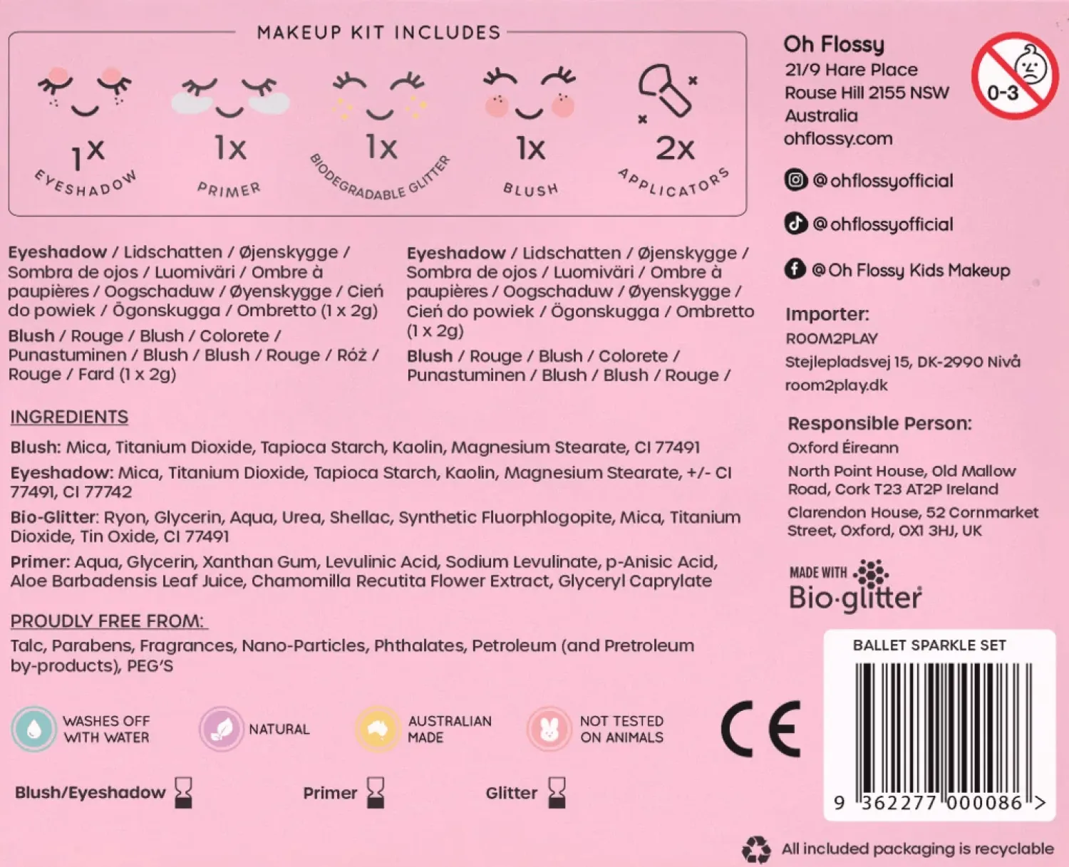 Naturalne Kosmetyki | Oh Flossy Naturalny zestaw do makijażu Ballet Sparkle, cień do powiek, róż, brokat bio i akcesoria