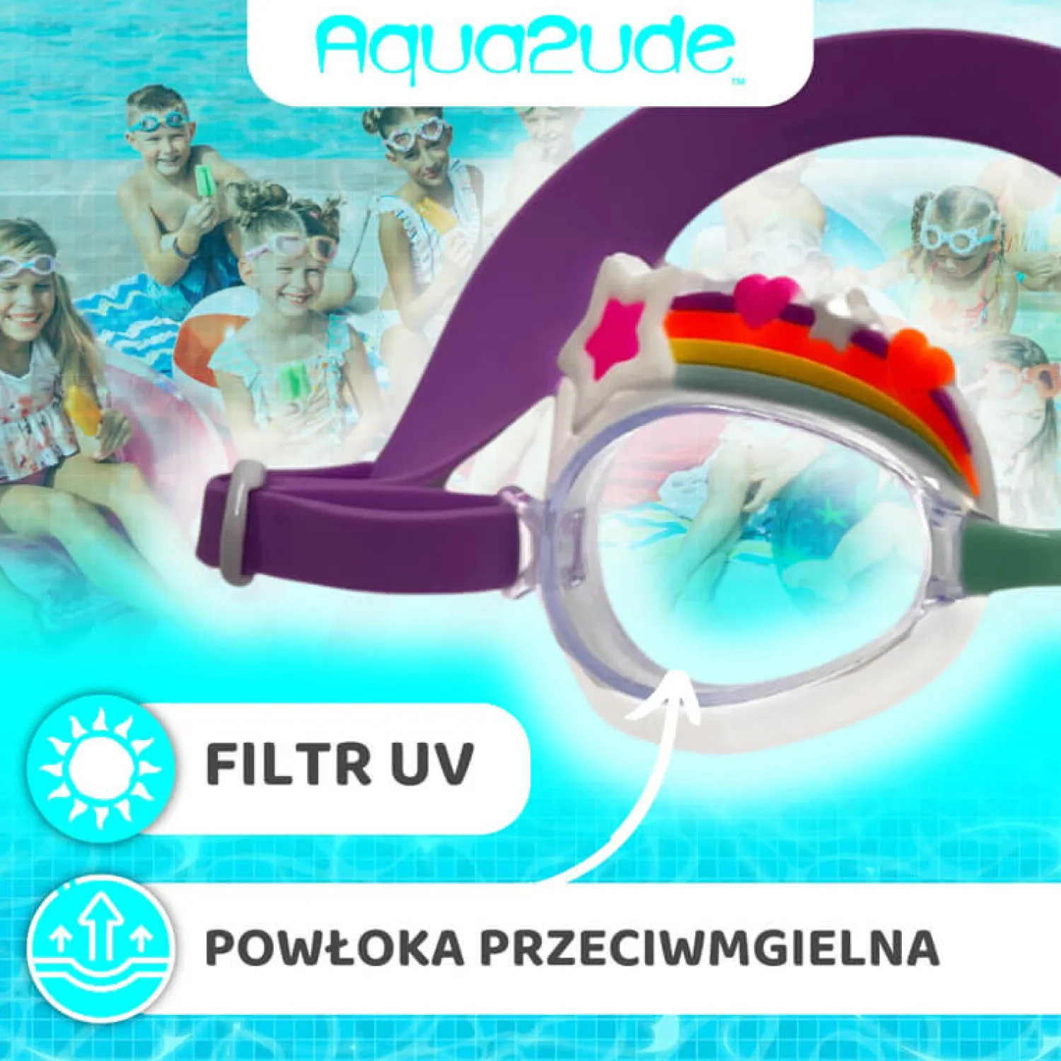 Do Kąpieli|Plażowe | Bling2o Okulary do pływania Aqua2ude - Tęcza z gwiazdkami 3+