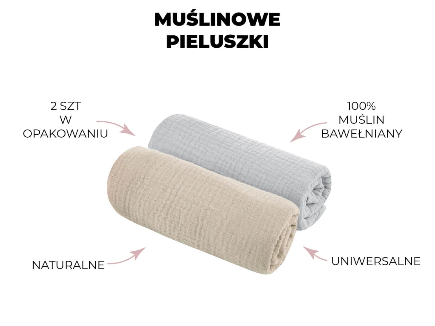 Pieluszki muślinowe bawełniane 2-pak: szara i różowa