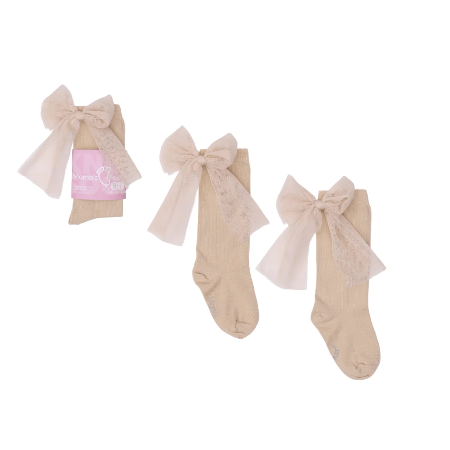 Małe Stópki | Mama's Feet Podkolanówki z kokardą Candy Bow - Beżowe gładkie