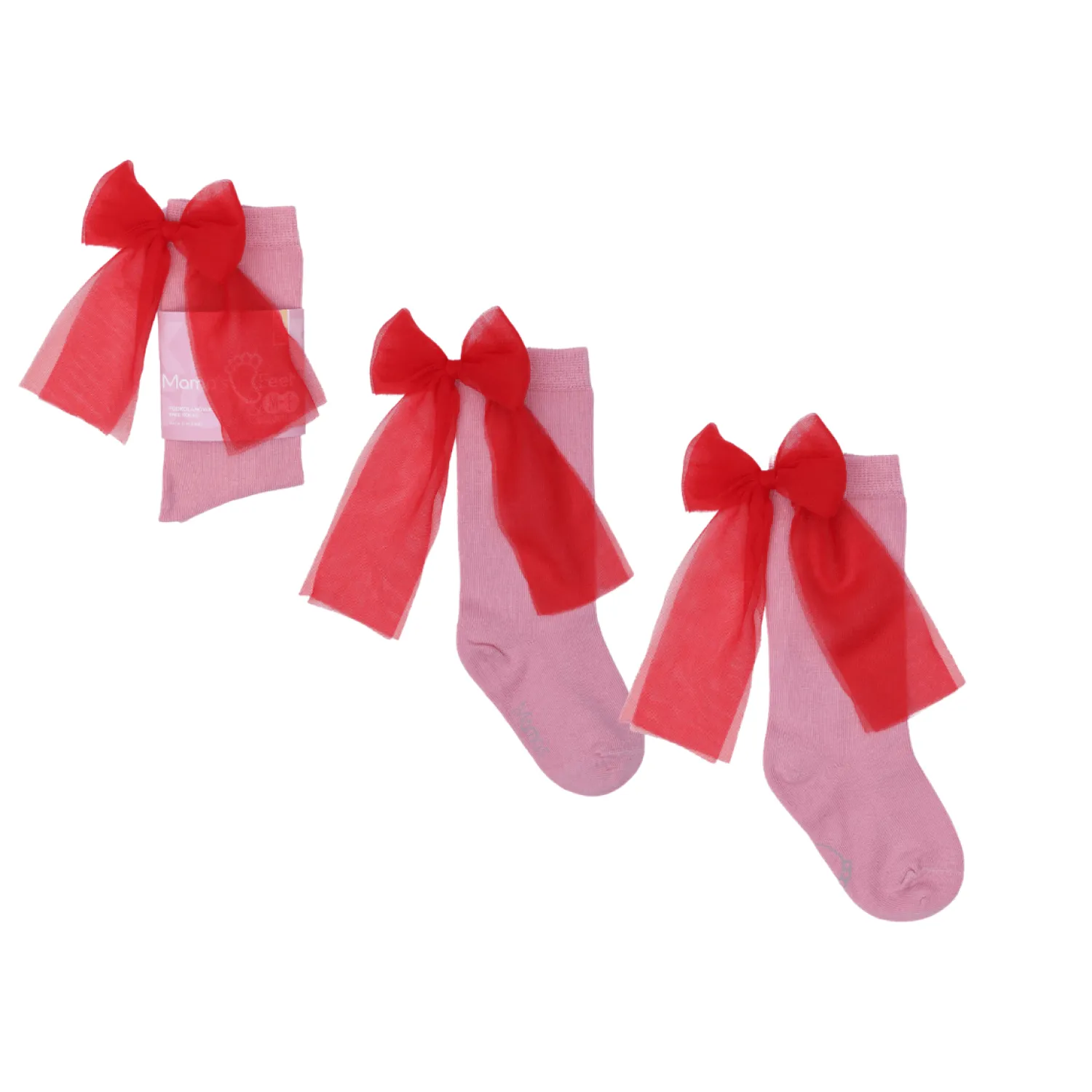 Małe Stópki | Mama's Feet Podkolanówki z kokardą Candy Bow - Różowe gładkie