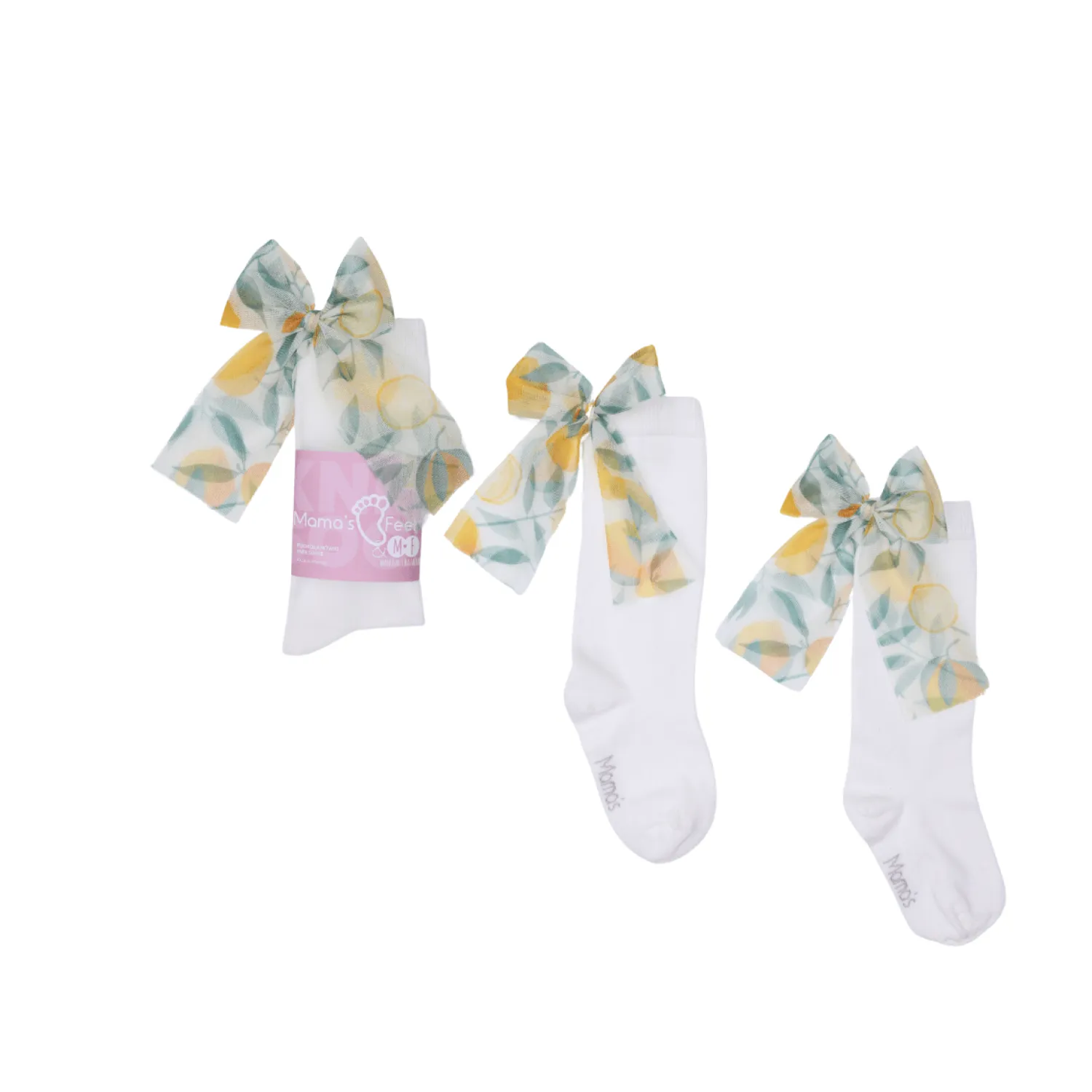Małe Stópki | Mama's Feet Podkolanówki z kokardą Candy Bow - Białe z cytrynką