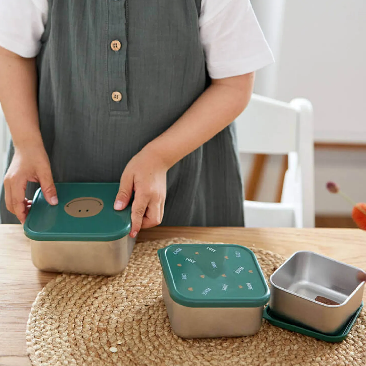 Lunchboxy|Przechowywanie Jedzenia | Lassig Pojemnik na przekąski snackbox ze stali nierdzewnej 3 szt. Happy Rascals Smile green