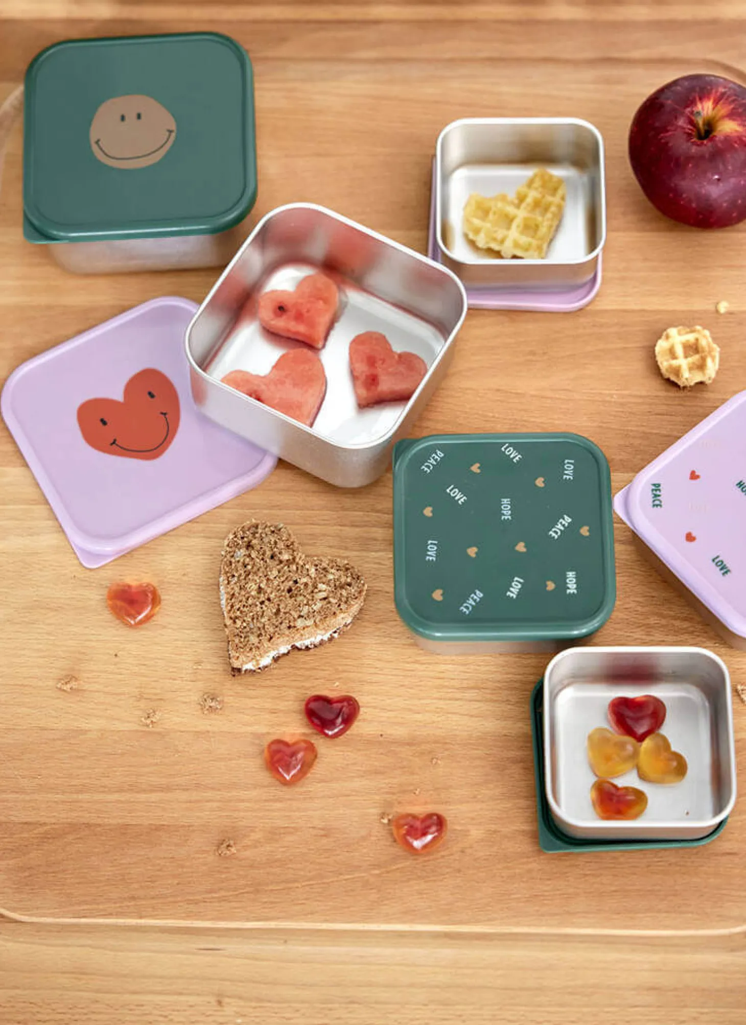 Pojemnik na przekąski snackbox ze stali nierdzewnej 3 szt. Happy Rascals Heart lavender