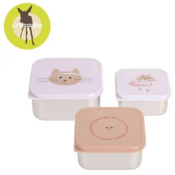 Lunchboxy|Przechowywanie Jedzenia | Lassig Pojemnik na przekąski snackbox ze stali nierdzewnej 3 szt. Tiny Team Kotek