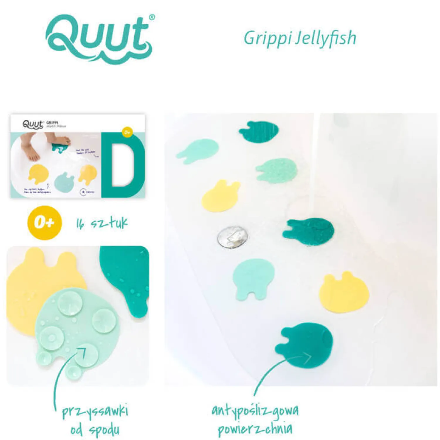 Zabawki Do Kąpieli|Akcesoria Łazienkowe | QUUT Przyssawki antypoślizgowe do wanny meduzy Grippi Jellyfish - Minty yellow