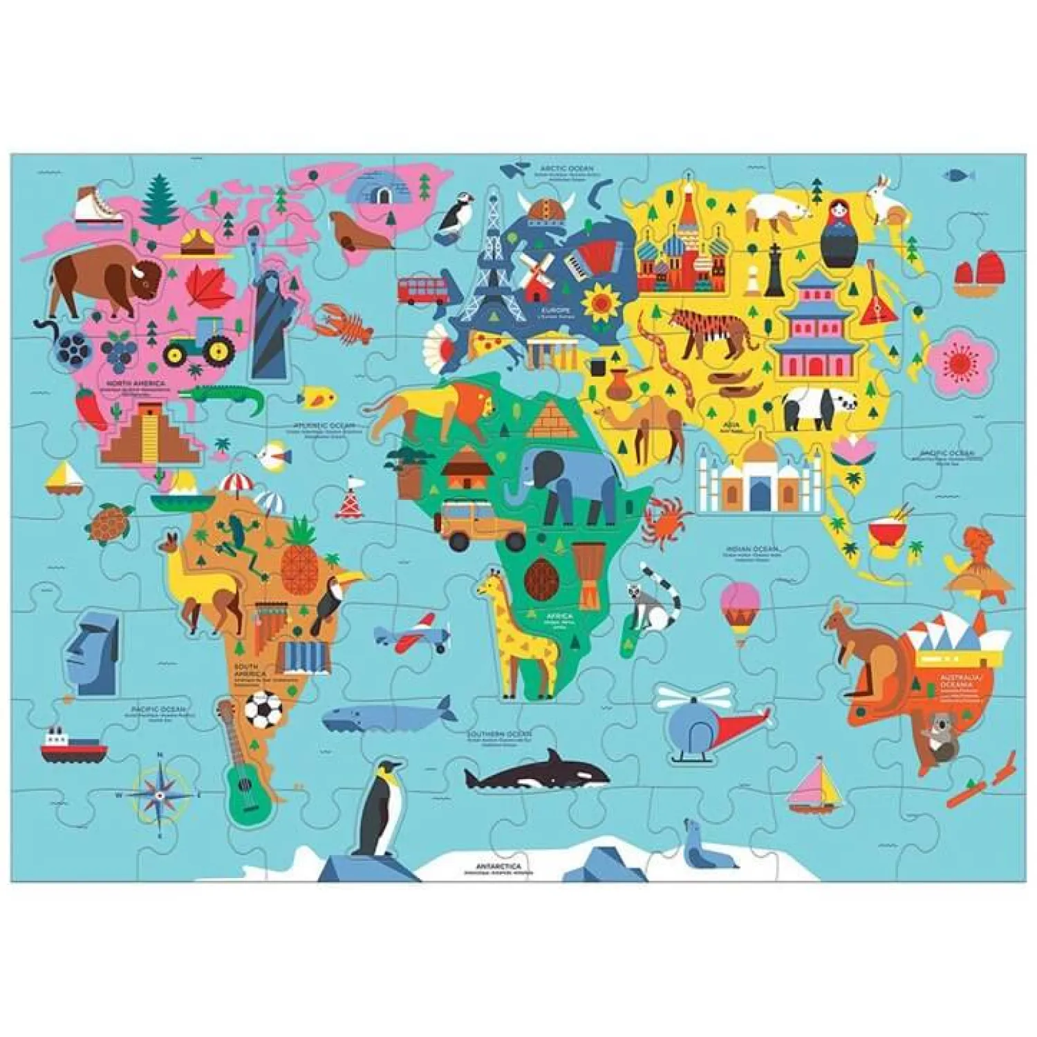 Edukacyjne|Puzzle | Mudpuppy Puzzle Mapa Świata z elementami w kształcie budynków i zwierząt 5+