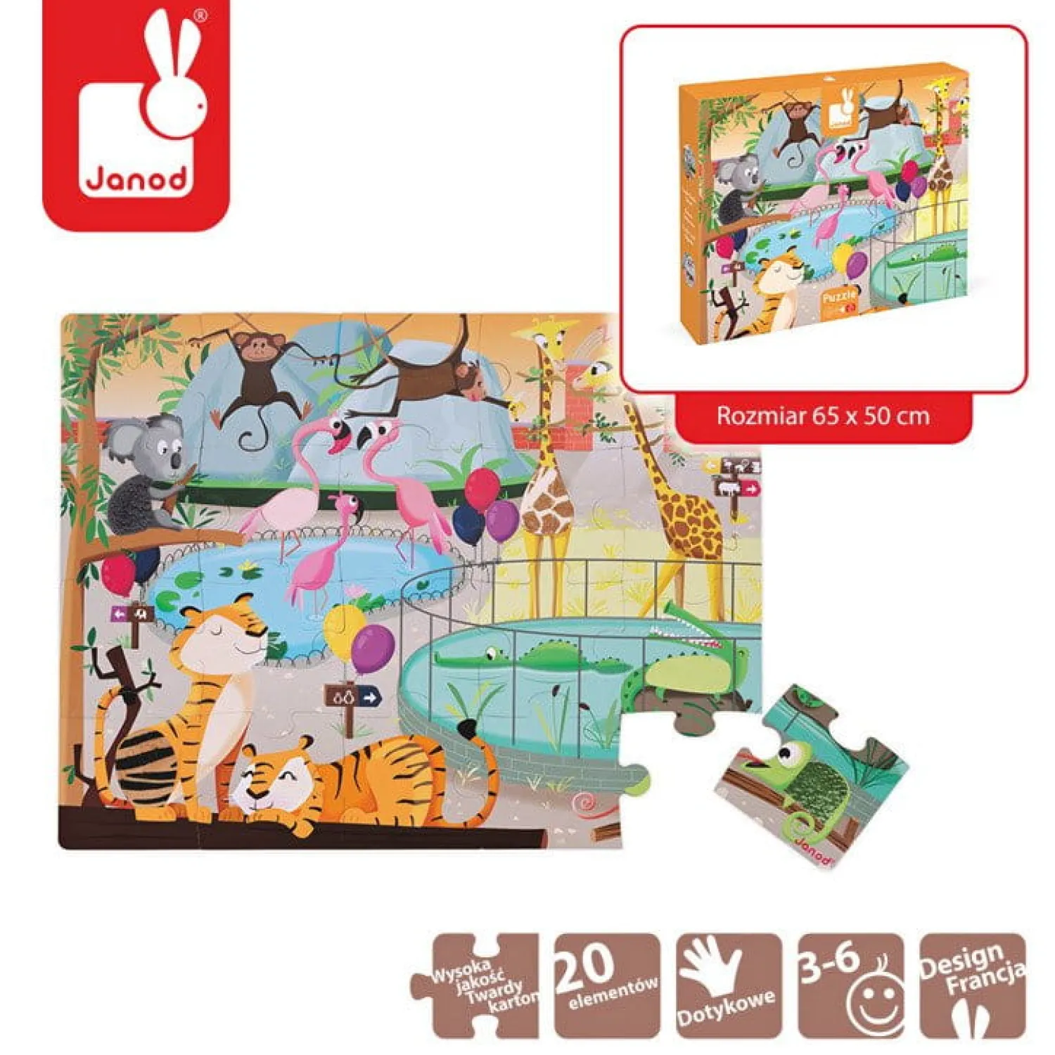 3 Lata +|4 Lata + | Janod Puzzle sensoryczne 20 elementów Wycieczka do zoo