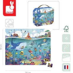 8 Lat+|6 Lat+ | Janod Puzzle w walizce Podwodny świat 100 elementów 6+