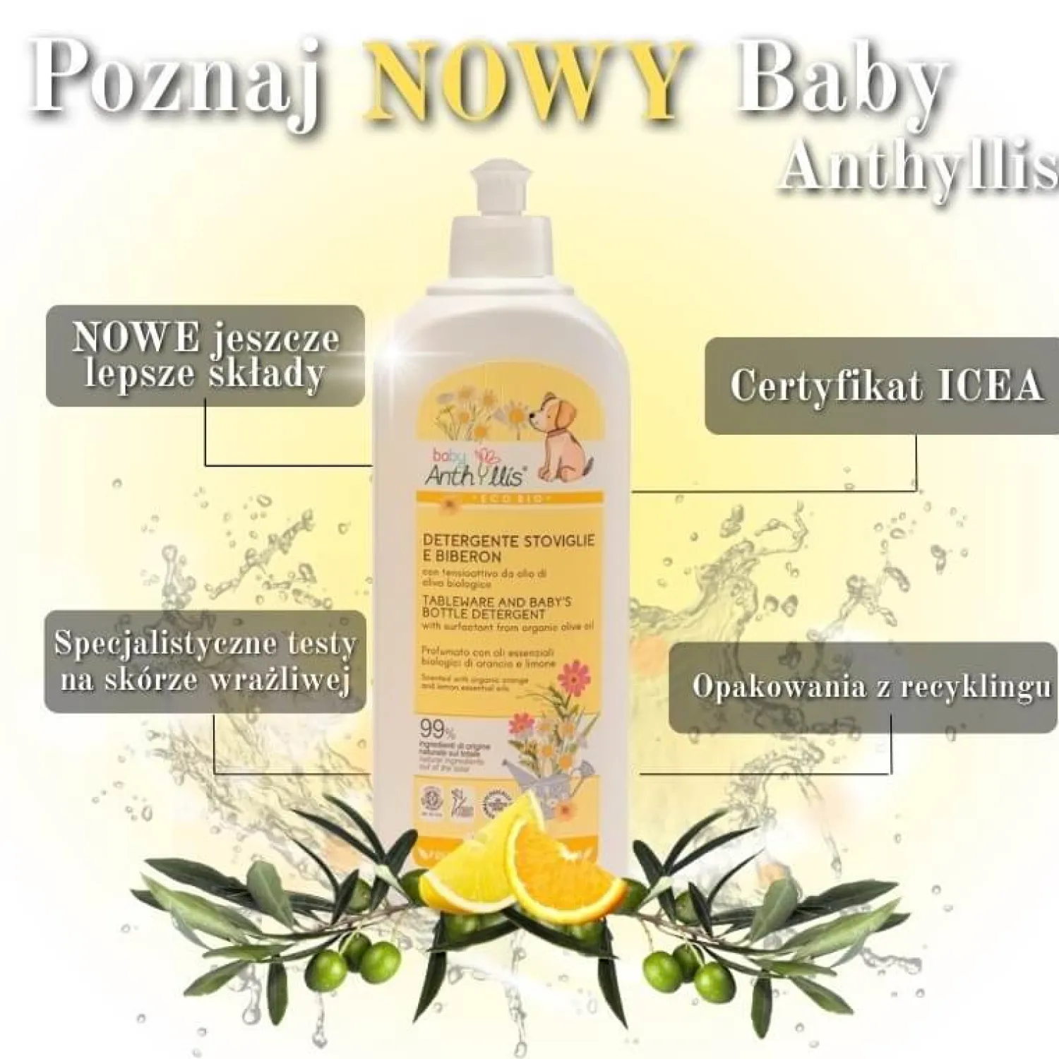 Porządek W Domu | Baby Anthyllis Płyn do ręcznego mycia naczyń i butelek dziecięcych z organicznej oliwy z oliwek, 500 ml