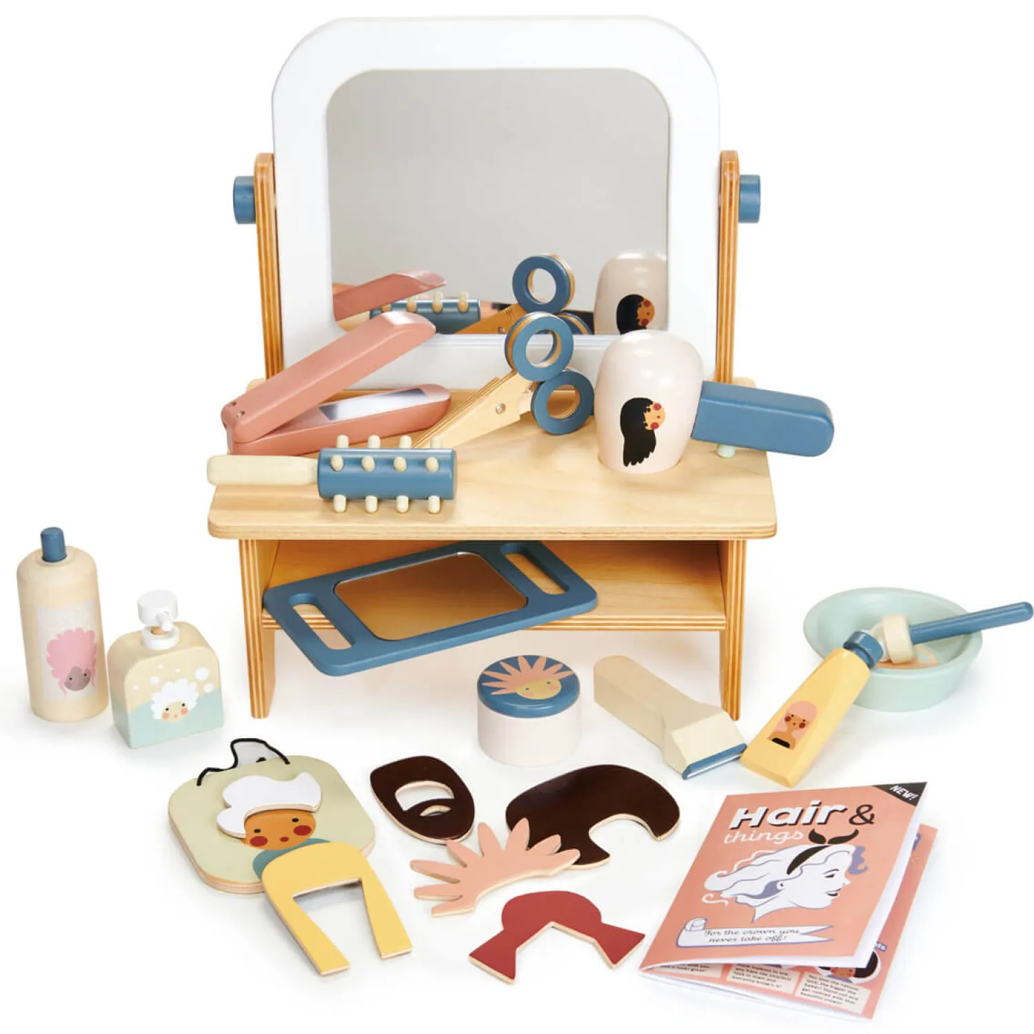 3 Lata +|2 Lata + | Tender Leaf Toys Salon fryzjerski - drewniana toaletka z akcesoriami