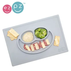 Metoda Blw|Naczynia Dla Dzieci | EzPz Silikonowy talerzyk z podkładką 2w1 Happy Mat pastelowa szarość