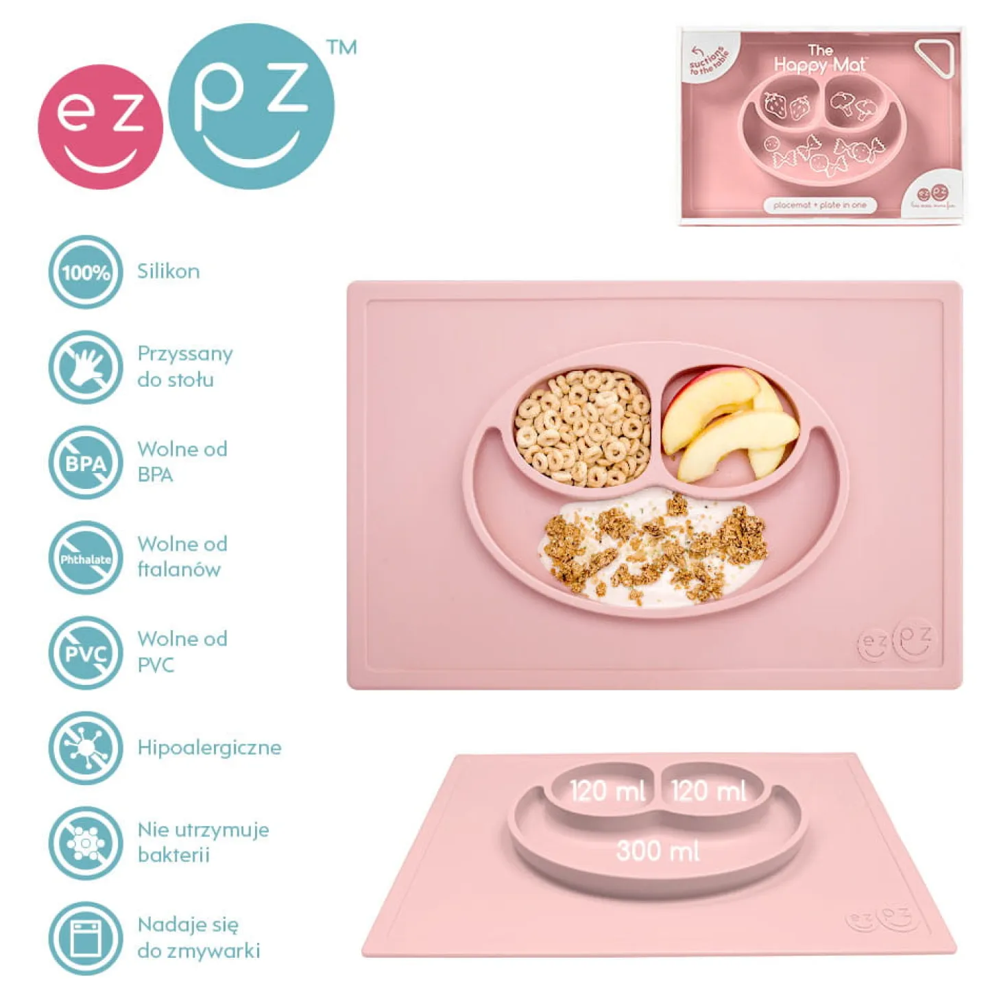 Silikonowy talerzyk z podkładką 2w1 Happy Mat pastelowy róż