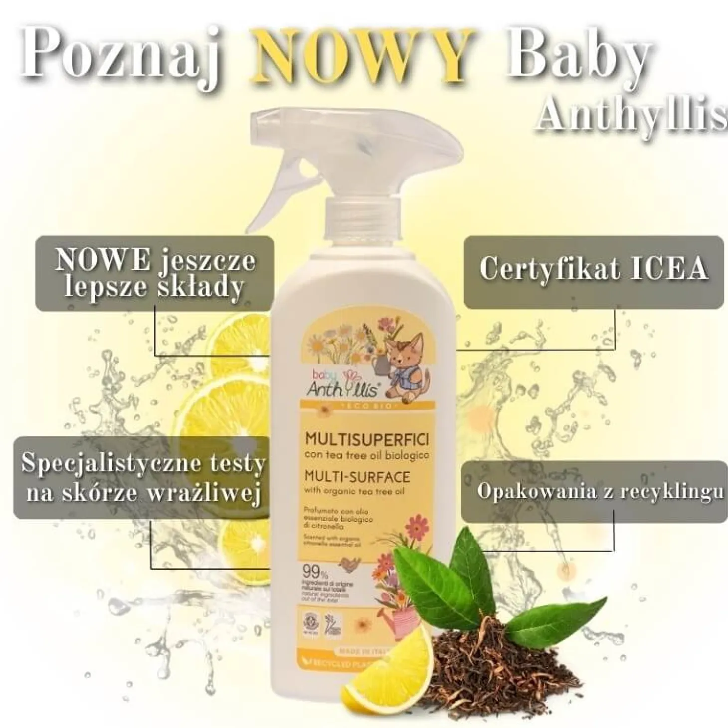 Spray do czyszczenia powierzchni mających kontakt z dzieckiem, z olejkiem z drzewa herbacianego, 500 ml