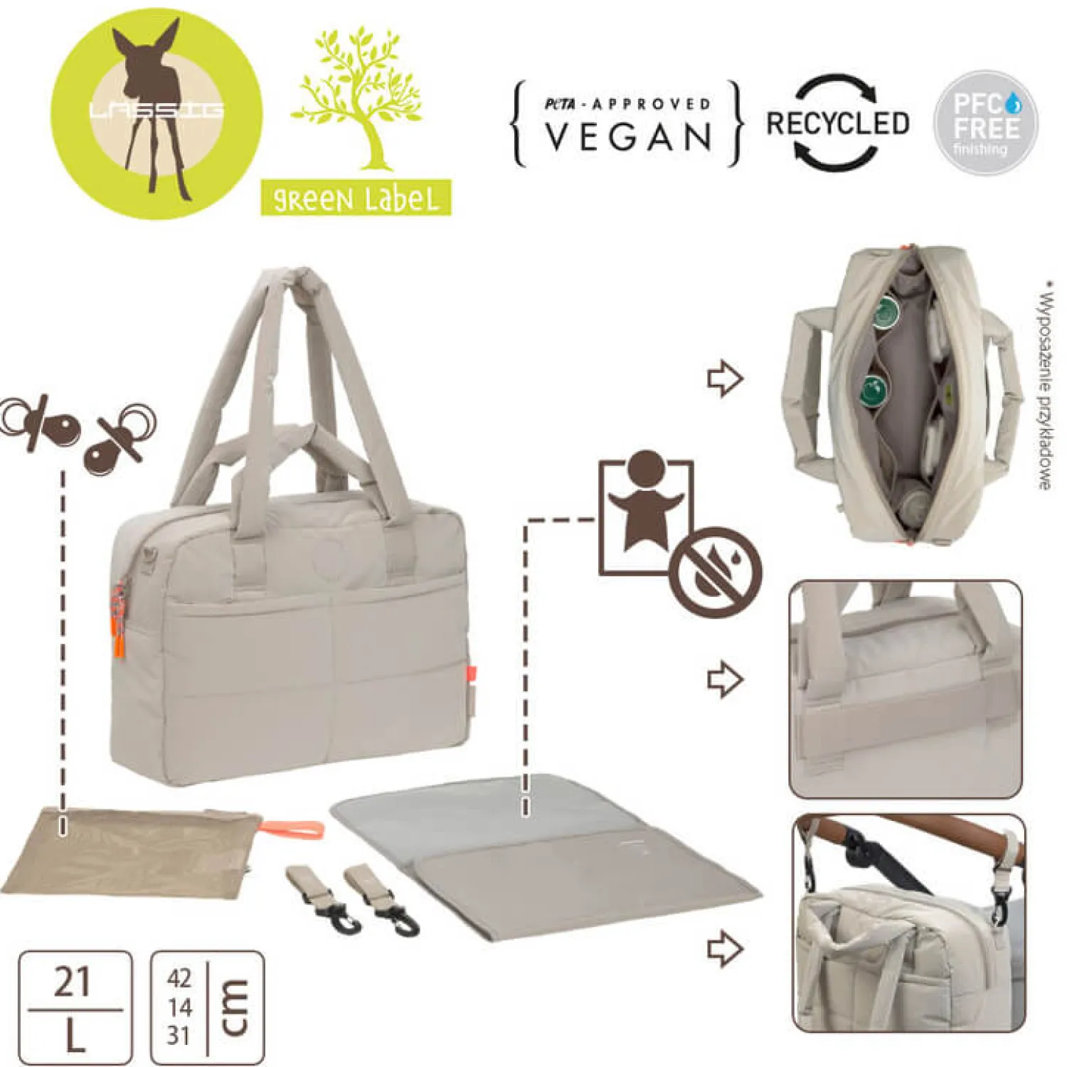 Torby I Plecaki Do Wózka|Torby I Plecaki Do Wózka | Lassig Torba dla mam z akcesoriami Everyday beige