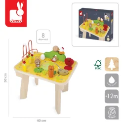 12M+|Aktywizujące | Janod Wielofunkcyjny stolik edukacyjny drewniany Farma 12m+
