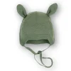 Wiązana czapka z uszkami 100% merino - OLIVE