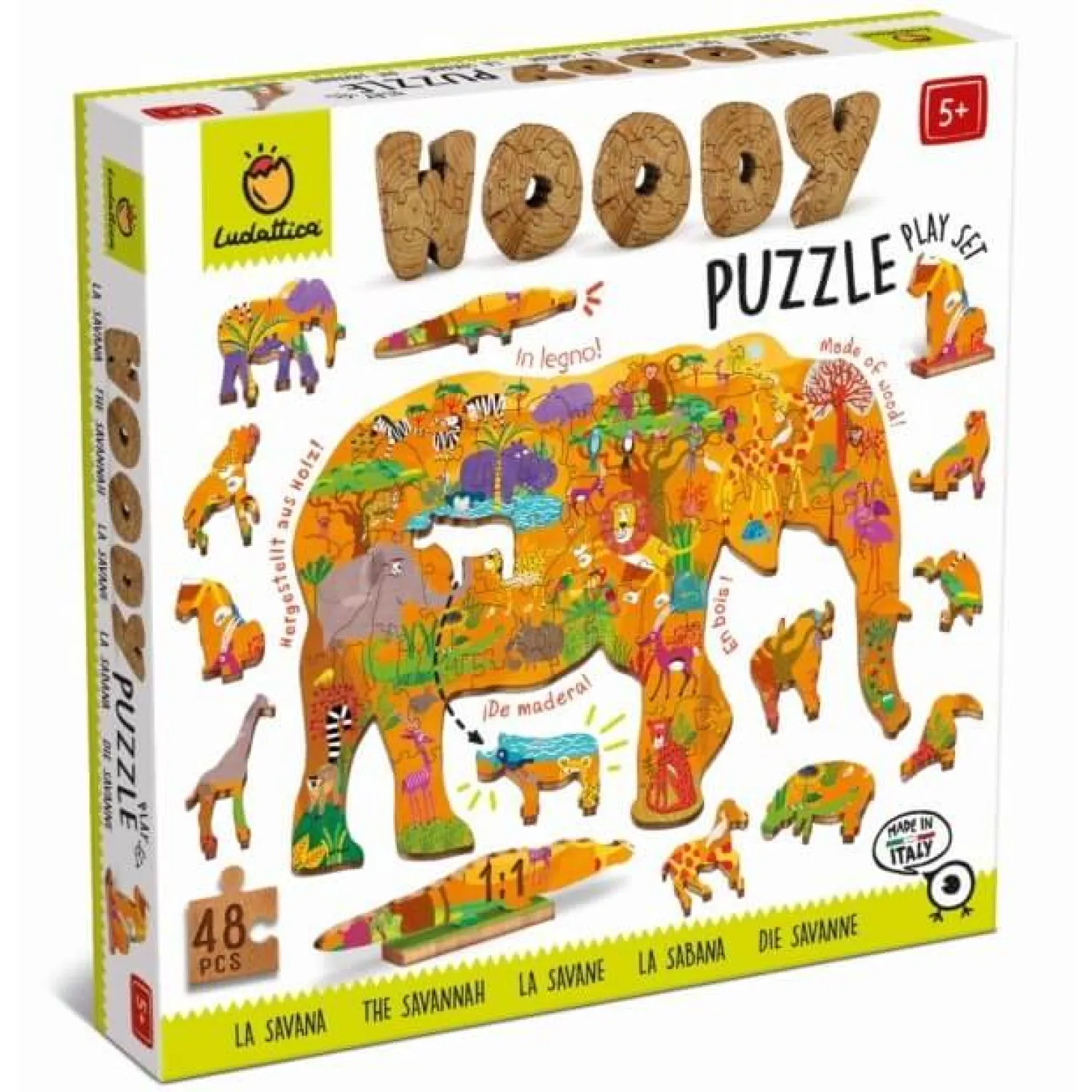 8 Lat+|Puzzle | Ludattica WOODY PUZZLE – drewniane puzzle konturowe – SAWANNA