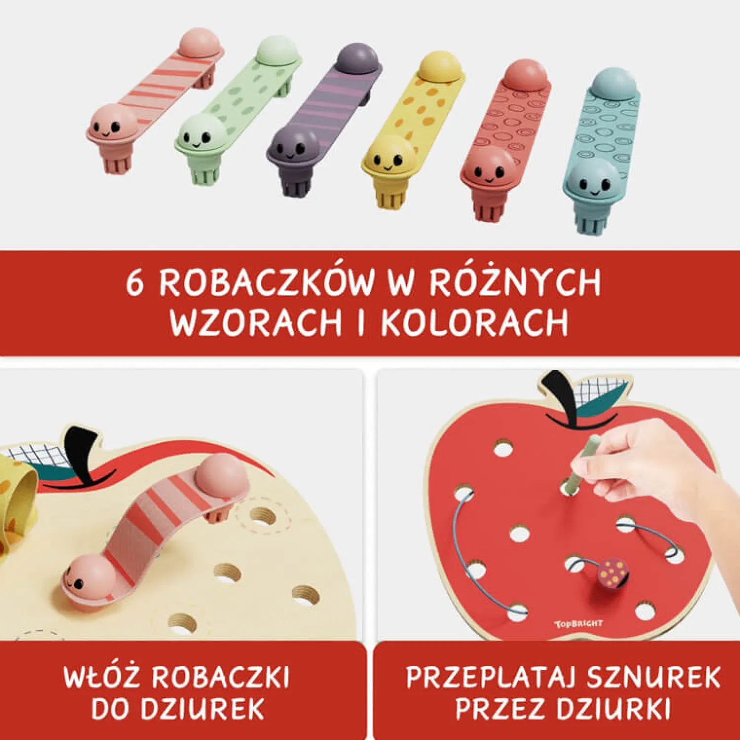 Edukacyjne|Drewniane | TOPBRIGHT Zabawka edukacyjna dla dzieci Robaczki w jabłuszku, 18m+