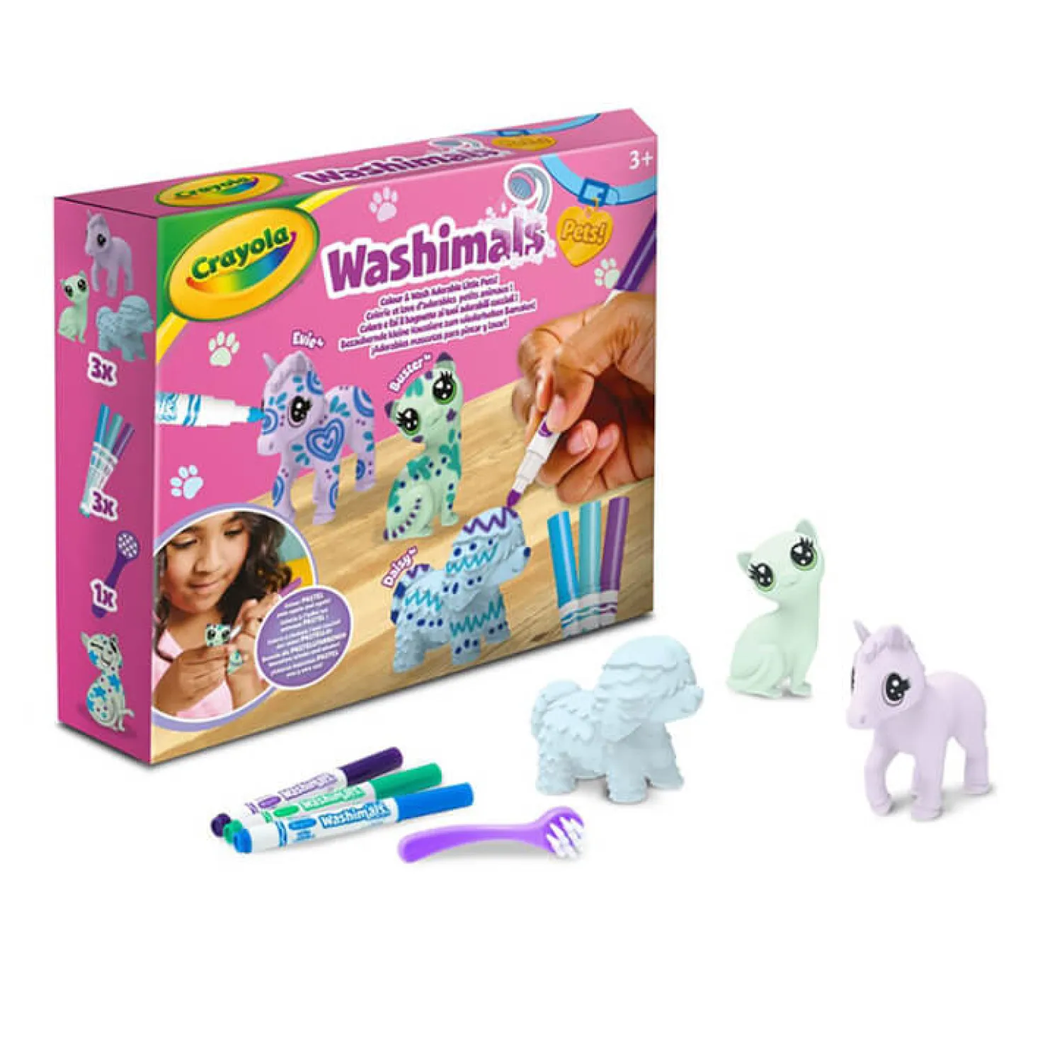 Kolorowanki|Zestawy Kreatywne | Crayola Zestaw 3 figurek do malowania i mycia Washimals, Pastel Pets 3+